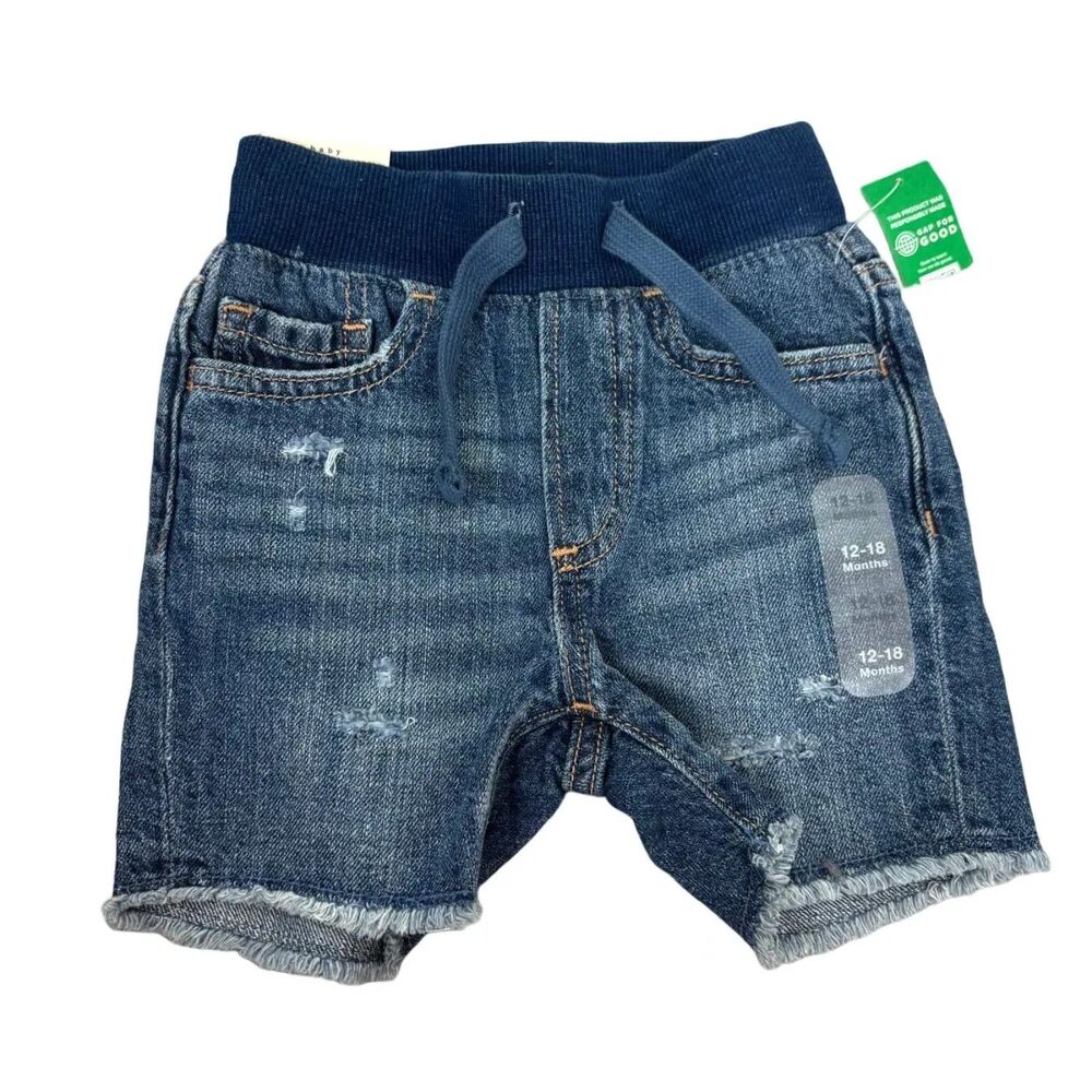 NWT Gap baby Jean Denim Jean Shorts Raw Hem Distressed Boy 12-18 Months Elastic